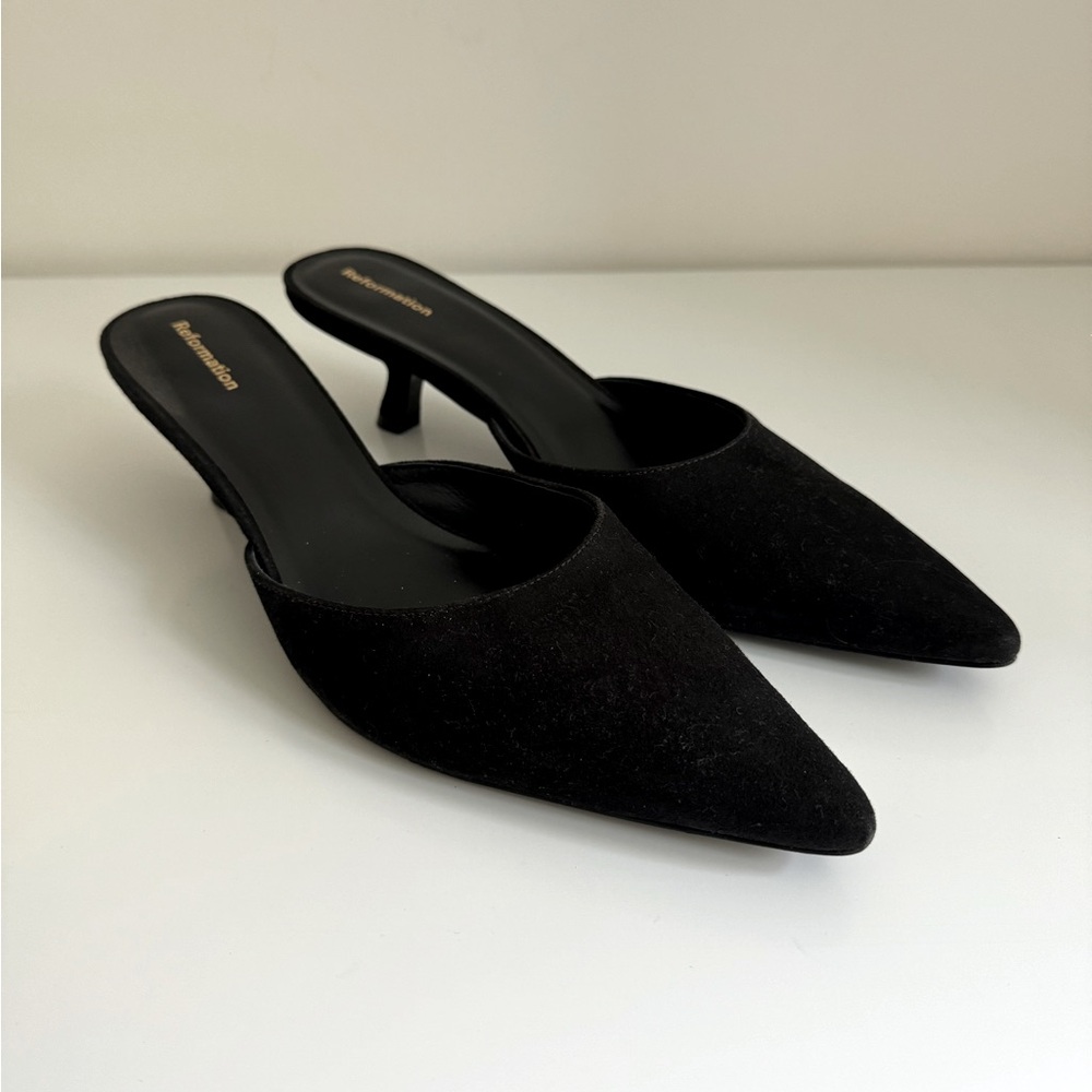 Reformation Black Suede Wilda Kitten Mules - New, Never Worn